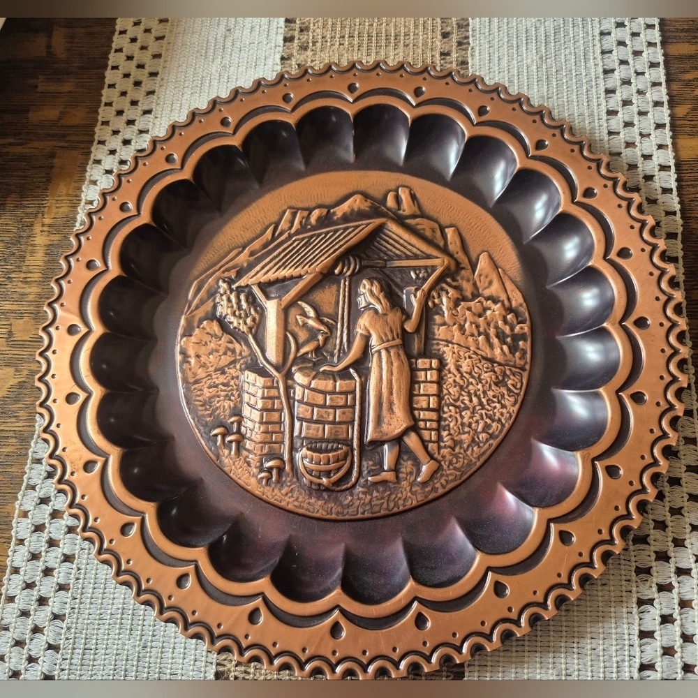 Antique 3D Cottage Core  Hand Crafted Copper Collector wall plate,1960's
